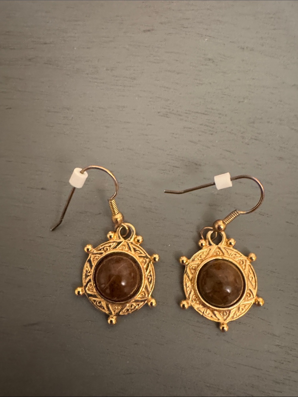 Express Vintage Golden Sunburst Brown Stone Drop Earrings, EUC